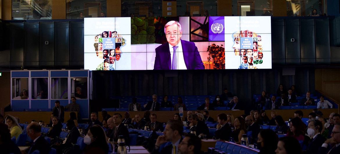 Secretary-General António Guterres delivers the message via video link at FAO's World Food Day event held in Rome, Italy.
